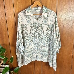 Parker Blue Baroque Floral Scroll Handkerchief Hem Viscose Blouse Small Boho